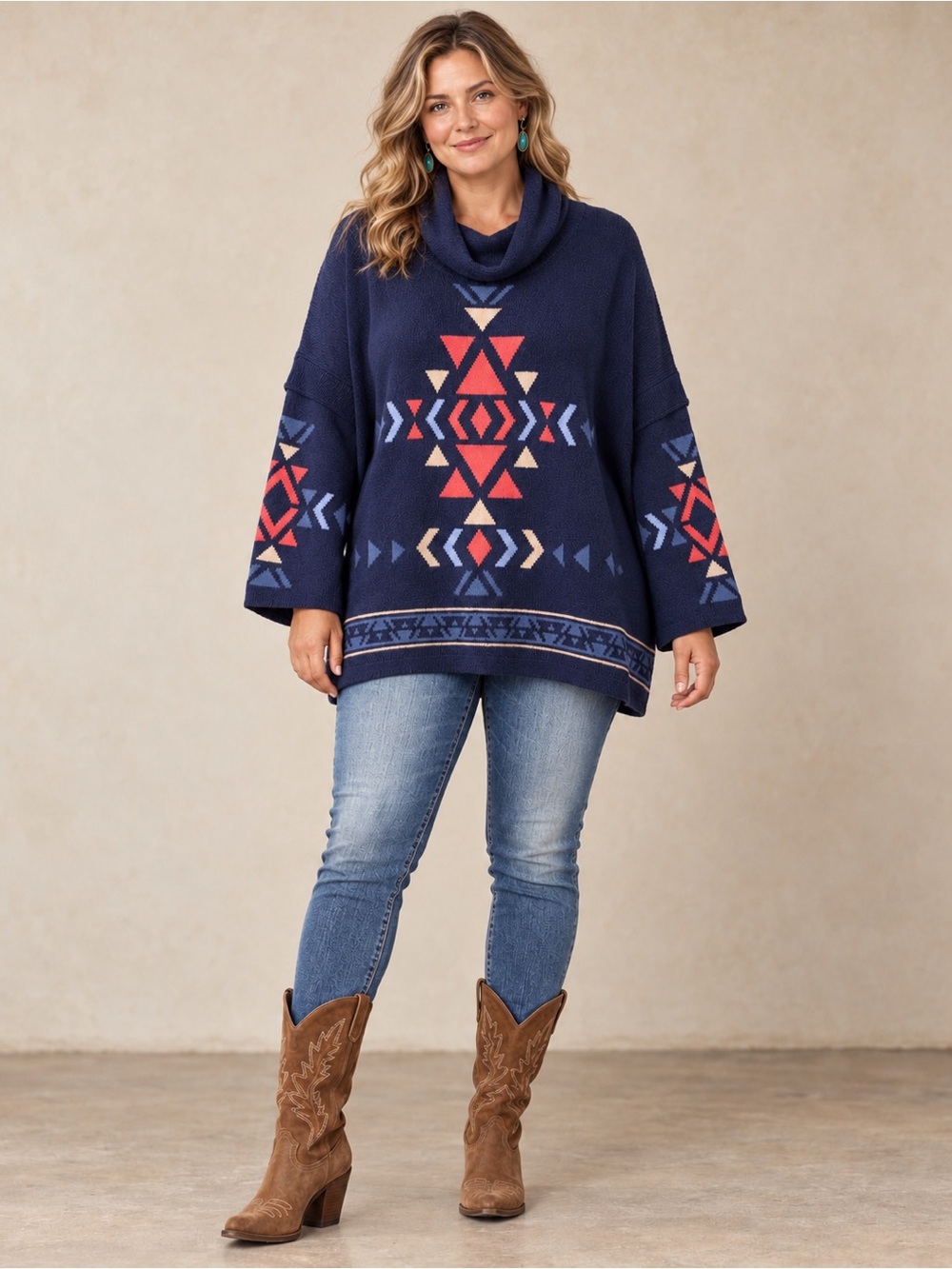 J. Jill Navy Aztec Cowl Poncho Sweater with Coral and Cream Accents Size LP